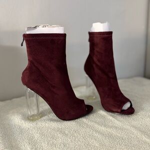 Charlotte Russe-— Burgundy Peep Toe Ankle Boots with Clear Heels
